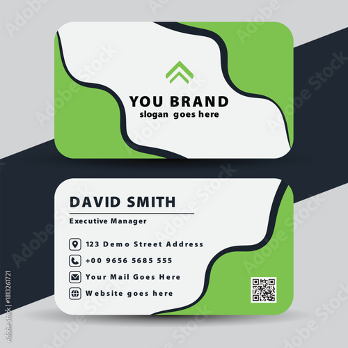 Modern and professional business card design with green and white abstract wavy shapes and rounded corners