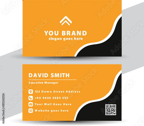 Modern orange and black business card design with rounded corners and professional branding elements