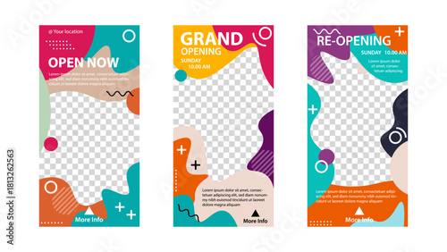 Vibrant Abstract Memphis Style Instagram Story Frame Collection. Funky Fluid Shapes Backgrounds for Promotions and Events.