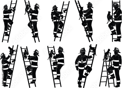 Collection of Firefighter Silhouettes Climbing Ladders and Rescuing Cats, Representing Emergency Services, Animal Rescue, Bravery, and Community Heroism Vector Illustration Set