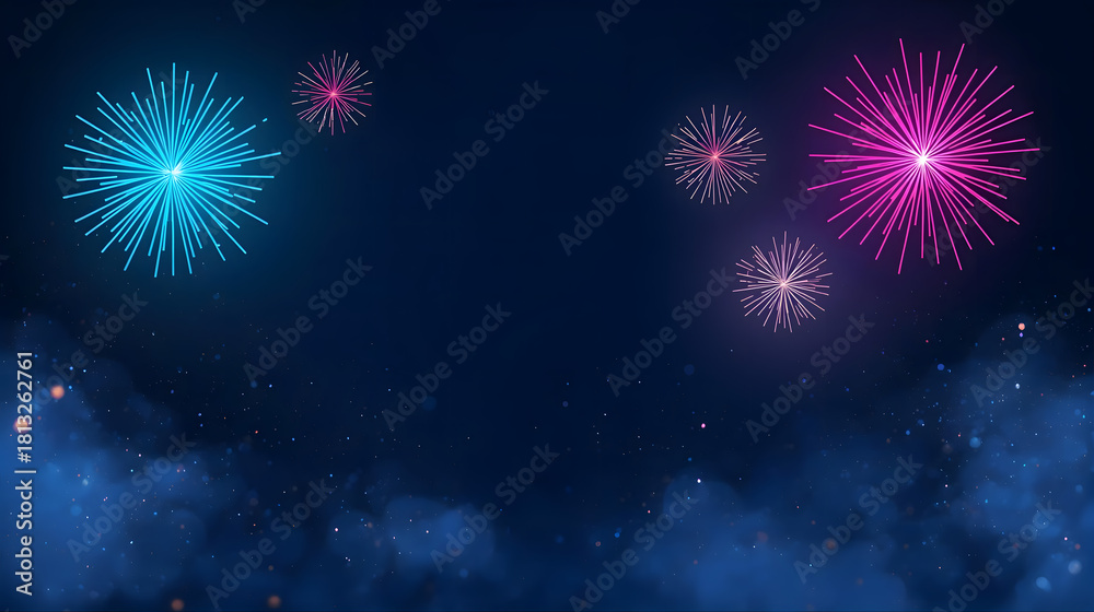 Fototapeta premium Colorful fireworks explode in a dark night sky, with wisps of smoke and sparkling light effects creating a festive atmosphere.
