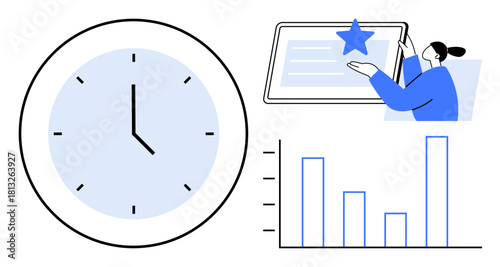 Large clock, bar graph, and person placing star on document. Ideal for productivity, efficiency, goal setting, achievement, project management time tracking success. Simple flat metaphor