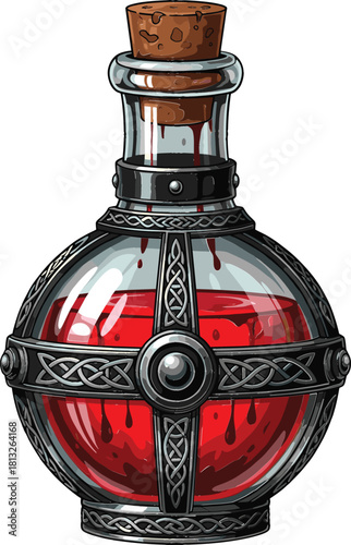 Magical Potion of Vitality Vector Illustration featuring an Ornate Medieval Bottle with Celtic Knot Metalwork, Filled with a Vibrant Red Liquid, and Sealed with a Cork.