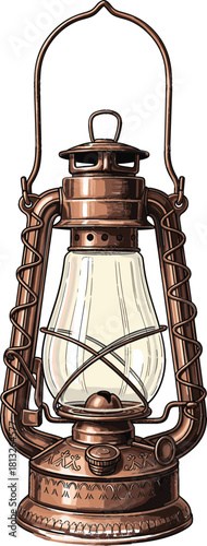 Vintage Kerosene Oil Lantern Vector Illustration in Hand-Drawn Engraving Style, Featuring a Copper or Bronze Finish and a Glass Globe for Classic Warm Illumination.