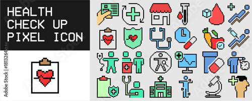 Set Health Check Up Pixel Icon Vector Ideal for gaming, health apps, medical interfaces, or digital art themes requiring 8-bit symbols for health monitoring.