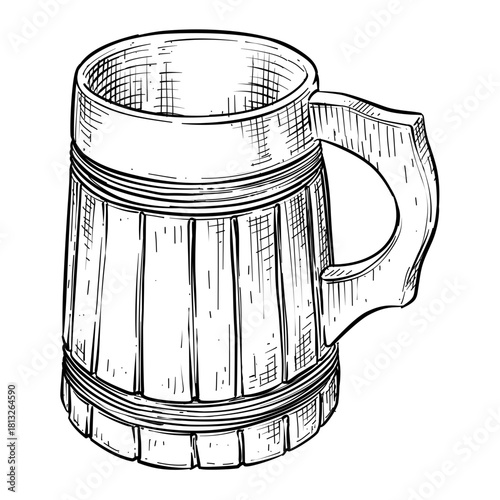 medieval wooden beer mug vector line art hand drawn illustration