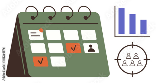 Green desk calendar with marked dates, bar chart for analytics, and target audience icon. Ideal for scheduling, productivity, planning, marketing, research, audience analysis simple flat metaphor