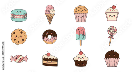 Cartoon desserts collection macarons ice cream cupcakes and sweets illustrations