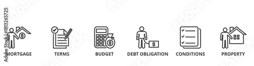 Refinance banner icon vector illustration concept with icon of mortgage, terms, budget, debt obligation, conditions and property