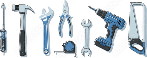 Vector Illustration Set of Essential Hand Tools, Including a Hammer, Drill, Wrenches, Screwdriver, Pliers, Tape Measure, and Hacksaw, for Construction and Repair.