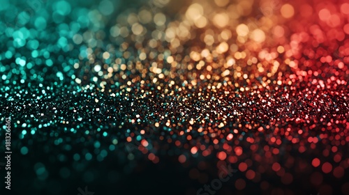 Floating crystalline flakes in red, green, gold, red green gold, shimmering minimal detail