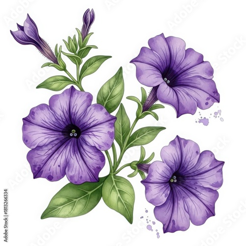 Beautiful watercolor painting of purple petunia flowers with green leaves isolated on white background