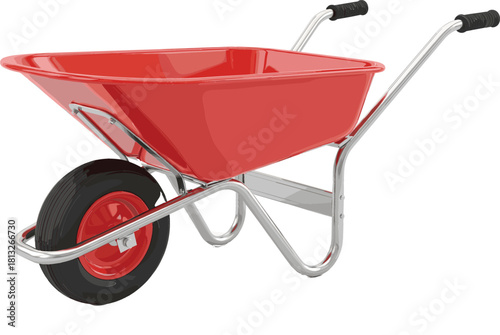 Modern Shiny Red Wheelbarrow Vector Illustration with a Single Pneumatic Tire, Chrome Frame, and Black Handles, Used for Gardening and Construction Work.