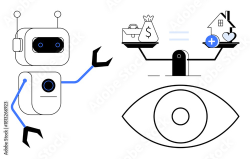 Artificial intelligence. A robot s artificial intelligence balancing work, finance, and home health. Artificial intelligence promotes efficient decisions. Use for technology, automation