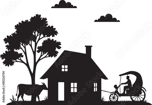 Black silhouette of a house with a tree cow and rickshaw