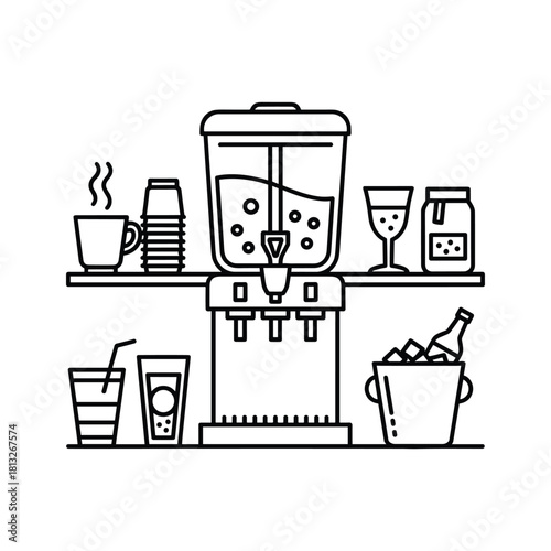 Line art illustration of a beverage dispenser, coffee cups, glasses, and an ice bucket with drinks