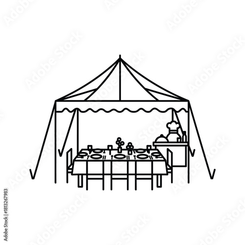 Outdoor event tent with a long dining table set for a banquet or party, featuring catering service