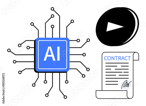 AI processor chip with circuit patterns, digital play button, and signed contract paper. Ideal for technology, automation, machine learning, digital signatures, innovation, business strategy