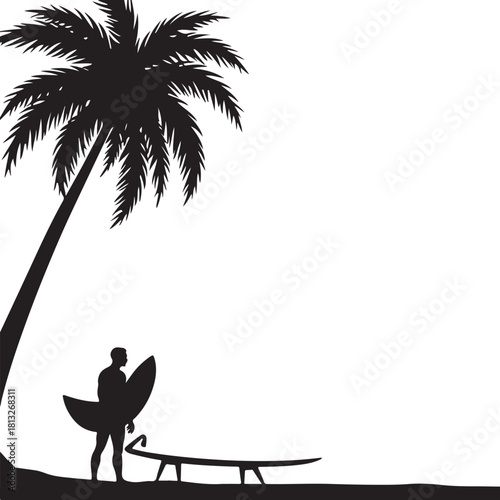 Black silhouette of a man holding a surfboard under a palm tree