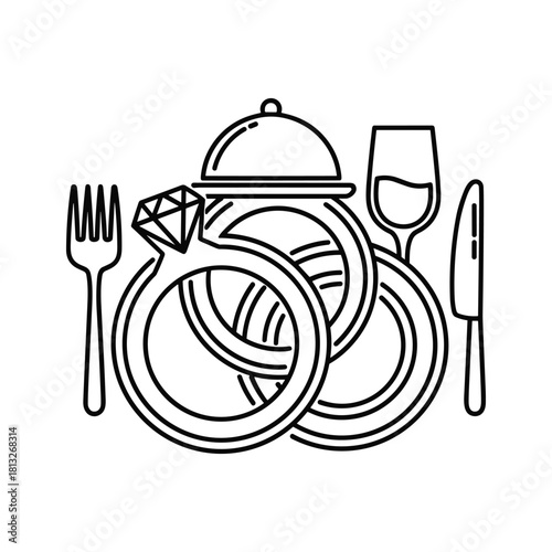 Line art icon of a romantic dining setting with a food cloche, wedding rings, fork, knife, and wine glass
