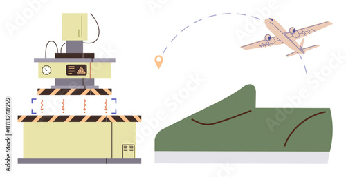 Automated factory producing footwear with green shoe model and airplane indicating global logistics. Ideal for production, technology, sustainability, industry, supply chain, automation