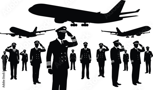 Set of Airline Pilots and Flight Crew Saluting in Uniform Silhouettes with Commercial Passenger Jet Airplanes Flying Overhead, Aviation and Travel Industry Vector
