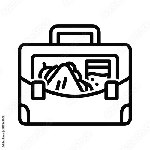 Briefcase filled with various food items, representing a packed lunch or picnic, isolated on