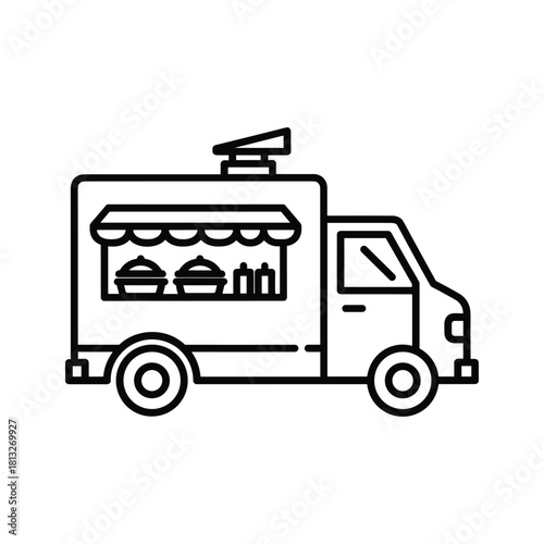 Food truck icon, street food vendor vehicle, mobile restaurant service, outline illustration