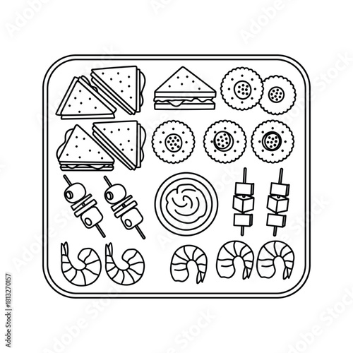 Appetizer platter with sandwiches, shrimp skewers, vegetable skewers, crackers, and dipping sauce
