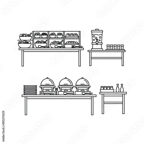 Buffet tables with food warmers, salad bar, drink dispenser, and bottled beverages
