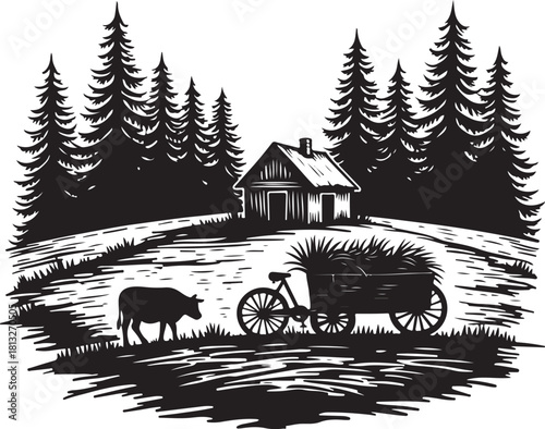 Black silhouette of a rural scene with a cow and hay cart