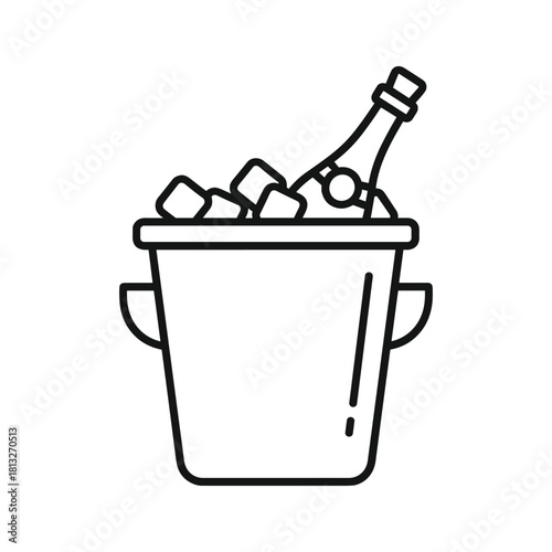 Champagne bottle in ice bucket line art, symbolizing celebration and luxury, isolated on