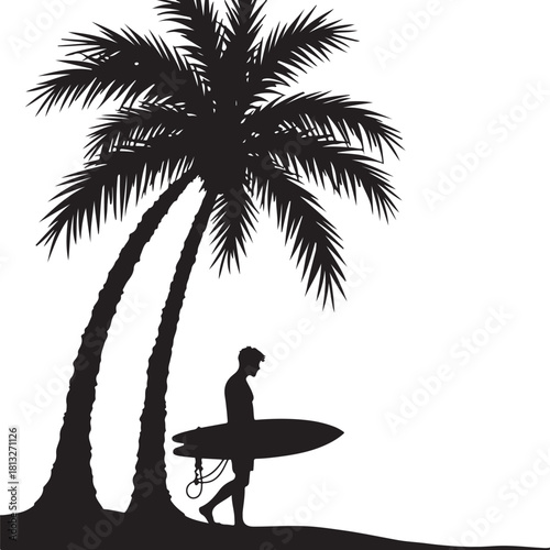Black silhouette of a surfer walking with surfboard under palm trees