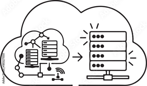 Cloud Computing Icon – Data Storage and Network Server Connection Line Illustration