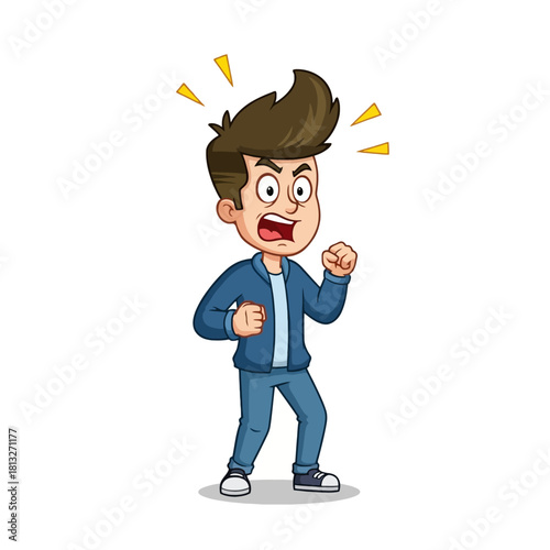 A cartoon illustration of an angry young man shouting with clenched fists, expressing rage and frustration.