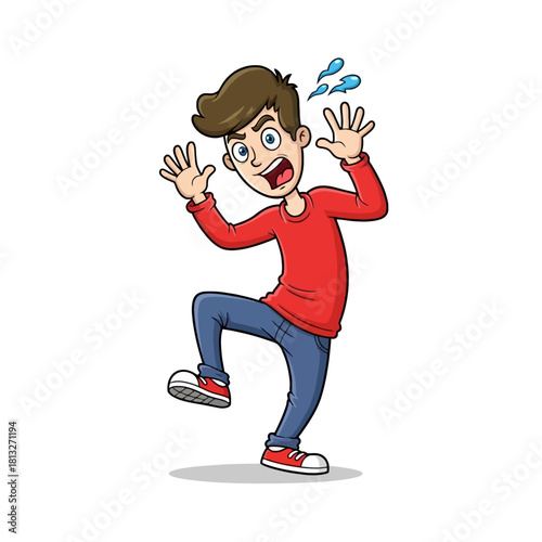A cartoon illustration of a scared young man with wide eyes and raised hands, sweating from fear.