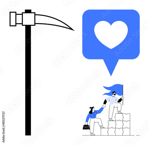 Heart icon in blue speech bubble, pickaxe symbolizing effort, teamwork figures assembling puzzle steps. Ideal for teamwork, support, leadership, achievement, collaboration, motivation effort themes