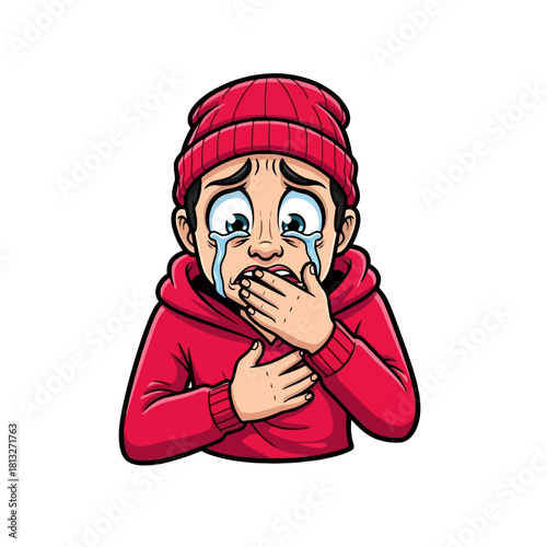 Cartoon illustration of a young person in a red beanie and hoodie crying intensely, covering their mouth in deep sadness and distress.