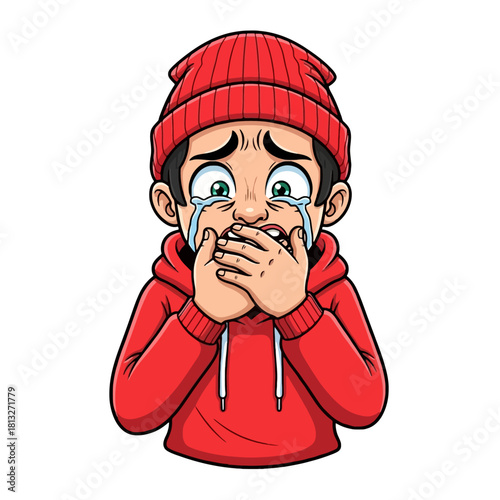 Cartoon boy in red beanie and hoodie crying with hands over his mouth, expressing deep sadness and distress.