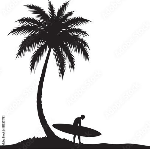 Black silhouette of a surfer with surfboard under a palm tree