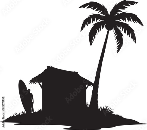 Black silhouette of a thatched hut with surfboard and palm tree