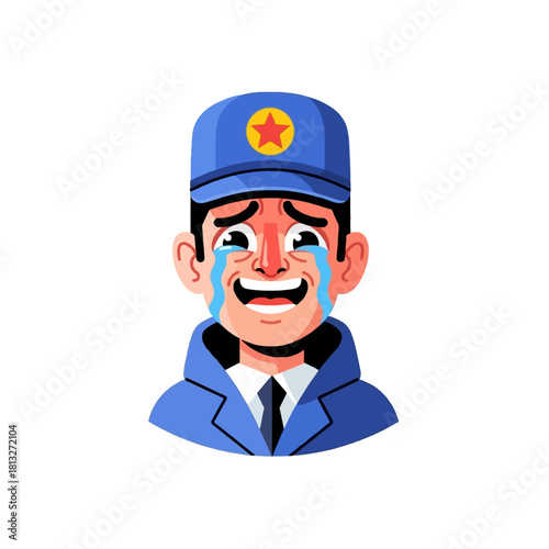 A cartoon man in a blue uniform and cap with a yellow star emblem, crying and laughing simultaneously, expressing a mix of joy and sadness.