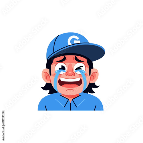 Cartoon illustration of a sad crying person wearing a blue cap and shirt, expressing deep distress and sorrow with tears streaming down their face.