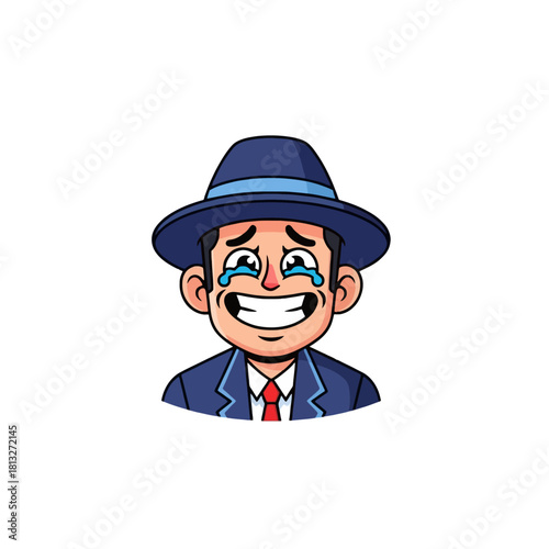 A cartoon illustration of a man in a blue fedora and suit, crying tears of laughter with an exaggerated happy expression.