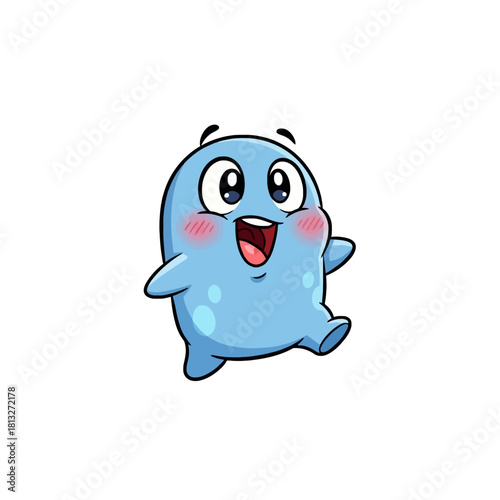 Cute happy light blue blob cartoon character with big eyes and rosy cheeks.