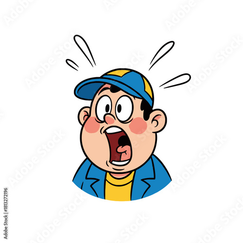 Cartoon illustration of a boy with a shocked expression, wide open mouth, and a blue cap.
