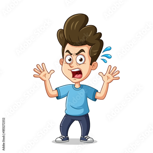 Cartoon illustration of an angry young boy shouting with a frustrated expression and raised hands, showing distress.