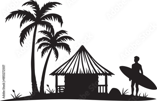 Black silhouette of palm trees hut and surfer with surfboard
