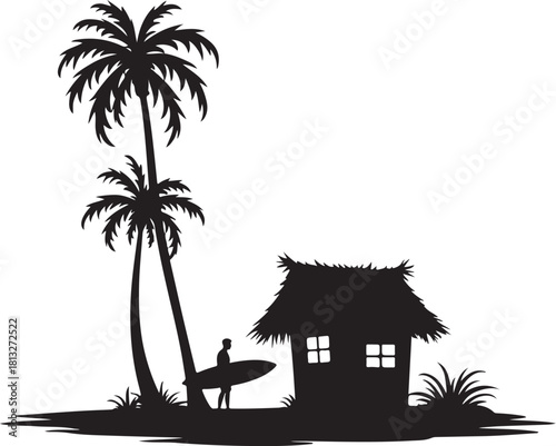 Black silhouette of surfer and hut on tropical island