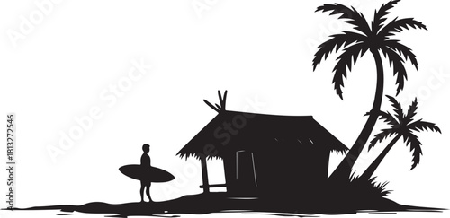 Black silhouette of surfer standing by hut with palm trees